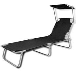 Vidaxl Folding Sun Lounger With Canopy Steel And Fabric Black - thumbnail 2