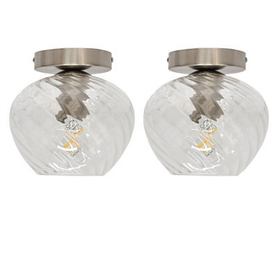 First Choice Lighting Set Of 2 Bradson - Clear Swirl Glass Satin Nickel Ceiling Lights
