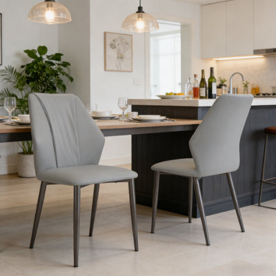 Fativo Set Of 2 Microfiber Leather Kitchen Chairs With Black Metal Legs, Cord Effect Chairs For Dining, Grey - image 1
