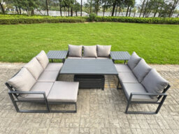 Fimous U-Shaped Garden Furniture Set 10-Seater Aluminium With Adjustable Rising Lifting Dining Table 2 Side Tables Dark Grey - thumbnail 1