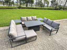 Fimous U-Shaped Garden Furniture Set 10-Seater Aluminium With Adjustable Rising Lifting Dining Table 2 Side Tables Dark Grey - thumbnail 2