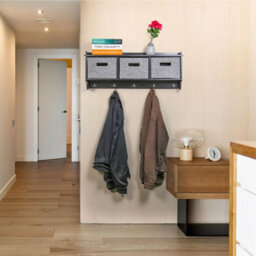 Taylor & Brown Wall Mounted Coat Rack With 5 Hooks, Shelf, 3 Fabric Baskets Modern Hallway Organiser, W90Xd20Xh34Cm (Black) - thumbnail 4