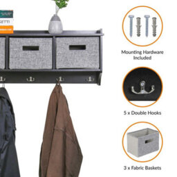Taylor & Brown Wall Mounted Coat Rack With 5 Hooks, Shelf, 3 Fabric Baskets Modern Hallway Organiser, W90Xd20Xh34Cm (Black) - thumbnail 6