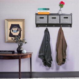 Taylor & Brown Wall Mounted Coat Rack With 5 Hooks, Shelf, 3 Fabric Baskets Modern Hallway Organiser, W90Xd20Xh34Cm (Black) - thumbnail 3