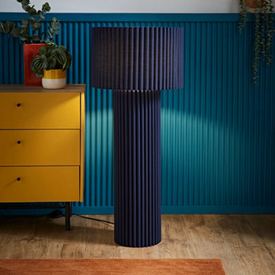 Valuelights Lenny Navy Blue Drum Lamp Shade Ribbed Fabric Midi Floor Lamp With Led Bulb - image 1