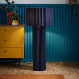 Valuelights Lenny Navy Blue Drum Lamp Shade Ribbed Fabric Midi Floor Lamp With Led Bulb