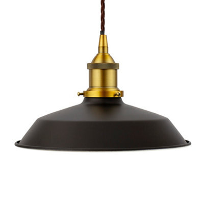 Matt Black Small Trinity Metal Painted Dome Pendant Light With Antique Gold Lamp Holder And Brown Twisted Cable - Se Home - image 1
