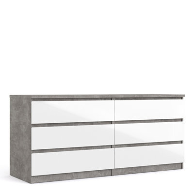Furniture To Go Naia Wide Chest Of 6 Drawers (3+3) In Concrete And White High Gloss (W) 153.8 X (H) 70.1 X (D) 50Cm