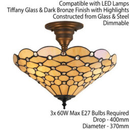 Tiffany Glass Semi Flush Ceiling Light Amber Geometric Inverted Shade I00161 - thumbnail 2