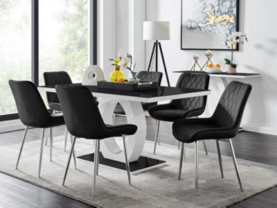 Furniturebox Giovani Rectangular 6 Seat White High Gloss Unique Halo Base Dining Table Black Glass Top 6 Black Velvet Silver Leg Pesaro Chairs - image 1