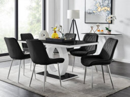 Furniturebox Giovani Rectangular 6 Seat White High Gloss Unique Halo Base Dining Table Black Glass Top 6 Black Velvet Silver Leg Pesaro Chairs