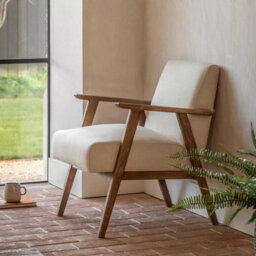 Xample Gallery Neyland Natural Linen Armchair - Mid-Century Beige Accent Chair With Solid Wood Frame & Soft Foam Cushioning