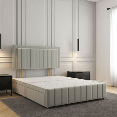 REGIONAL FURNISHINGS Silver Plush Velvet Divan Bed Upholstered 24Inch Headboard & Footboard 2Drawers Footend & No Mattress In 4Ft 4Ft6 5Ft 6Ft Sizes - image 1