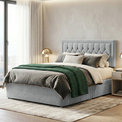 Adore Designs Diamond Cut Plush Velvet Divan Bed, Headboard - 4Ft6 Double - Silver - 0 Drawers - image 1