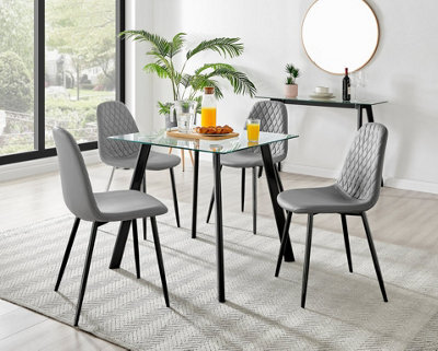 Furniturebox Seattle Scandi Inspired Glass And Black Metal Leg Square Dining Table & 4 Grey Corona Faux Leather Black Leg Chairs - image 1