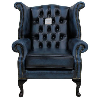 Chesterfield High Back Wing Chair Antique Blue Real Leather In Queen Anne Style - image 1