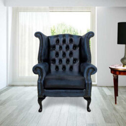 Chesterfield High Back Wing Chair Antique Blue Real Leather In Queen Anne Style - thumbnail 4