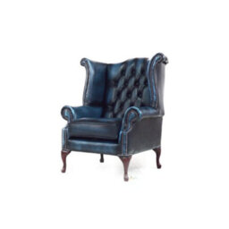 Chesterfield High Back Wing Chair Antique Blue Real Leather In Queen Anne Style - thumbnail 5