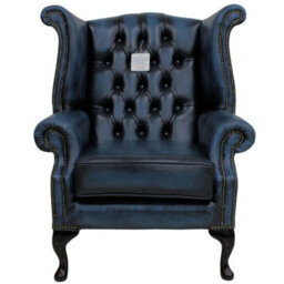 Chesterfield High Back Wing Chair Antique Blue Real Leather In Queen Anne Style - thumbnail 1