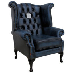 Chesterfield High Back Wing Chair Antique Blue Real Leather In Queen Anne Style - thumbnail 2
