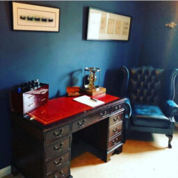 Chesterfield High Back Wing Chair Antique Blue Real Leather In Queen Anne Style - thumbnail 3