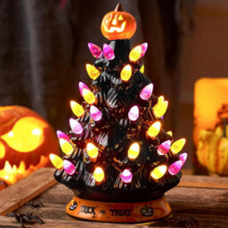 "8.5"" Halloween Ceramic Tree - Led Light Up Black Christmas Tree With Orange Pumpkin & Multicolor Bulbs For Indoor Party Decor"