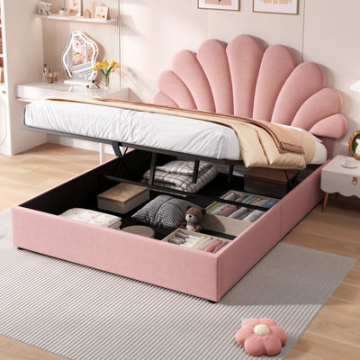 Btm 4Ft6 Double Velvet Hydraulic Bed, Petal Headboard Adjustable Design, Hydraulic Storage, Pink (No Mattress) - image 1