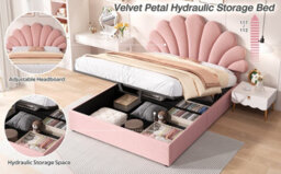 Btm 4Ft6 Double Velvet Hydraulic Bed, Petal Headboard Adjustable Design, Hydraulic Storage, Pink (No Mattress) - thumbnail 9