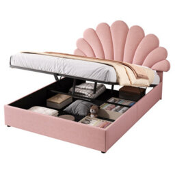 Btm 4Ft6 Double Velvet Hydraulic Bed, Petal Headboard Adjustable Design, Hydraulic Storage, Pink (No Mattress) - thumbnail 8