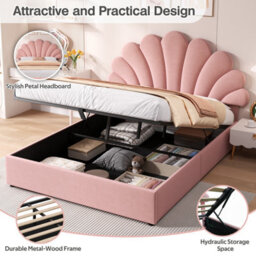 Btm 4Ft6 Double Velvet Hydraulic Bed, Petal Headboard Adjustable Design, Hydraulic Storage, Pink (No Mattress) - thumbnail 5