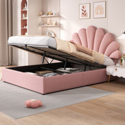 Btm 4Ft6 Double Velvet Hydraulic Bed, Petal Headboard Adjustable Design, Hydraulic Storage, Pink (No Mattress) - thumbnail 4