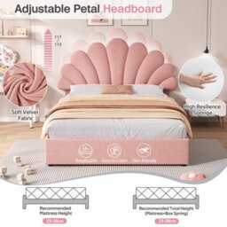 Btm 4Ft6 Double Velvet Hydraulic Bed, Petal Headboard Adjustable Design, Hydraulic Storage, Pink (No Mattress) - thumbnail 6