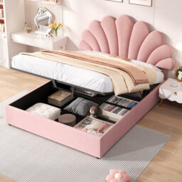 Btm 4Ft6 Double Velvet Hydraulic Bed, Petal Headboard Adjustable Design, Hydraulic Storage, Pink (No Mattress) - thumbnail 3
