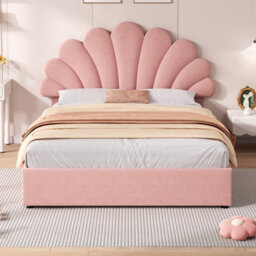 Btm 4Ft6 Double Velvet Hydraulic Bed, Petal Headboard Adjustable Design, Hydraulic Storage, Pink (No Mattress) - thumbnail 2