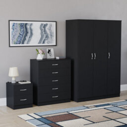 Lassic Vida Designs Riano 3 Piece Bedroom Set (2 Drawer Bedside Chest, 5 Drawer Chest, 3 Door Wardrobe), Black - thumbnail 6