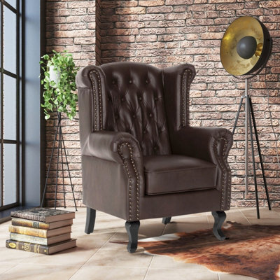 Faux Leather Wingback Armchair Button Back Stud Detail Wooden Legs Fireside Chair - image 1