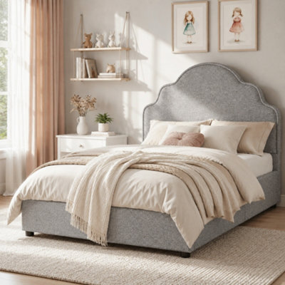 Modernluxe 3Ft Single Bed, 90 X 190 Cm, Scalloped Upholstered Kids Bed - Princess Style Bed With Curved Headboard, Gray, Linen - image 1