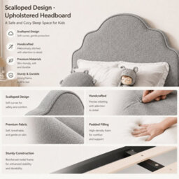 Modernluxe 3Ft Single Bed, 90 X 190 Cm, Scalloped Upholstered Kids Bed - Princess Style Bed With Curved Headboard, Gray, Linen - thumbnail 6