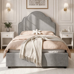 Modernluxe 3Ft Single Bed, 90 X 190 Cm, Scalloped Upholstered Kids Bed - Princess Style Bed With Curved Headboard, Gray, Linen - thumbnail 3