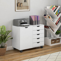 White Printer Stand, 5-Drawer Cabinet On Wheels, Storage Cabinet With Door - thumbnail 6