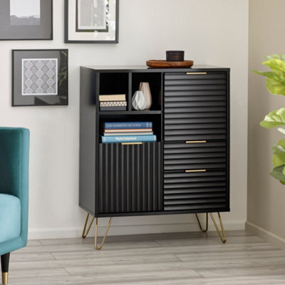 Julian Bowen Murano 2 Door 2 Drawer Sideboard With Internal And External Shelf Storage, Black, Gold Legs, Height: 100 X Width: 80 X Depth: 40Cm - image 1
