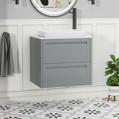Royal Bathrooms Royal Bathroom Elmore 600mm Matt Pebble Grey Wall Mounted Bathroom Vanity Unit 2 Drawer Plain White Worktop With Qubix Basin - image 1