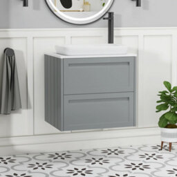 Royal Bathrooms Royal Bathroom Elmore 600mm Matt Pebble Grey Wall Mounted Bathroom Vanity Unit 2 Drawer Plain White Worktop With Qubix Basin - thumbnail 1