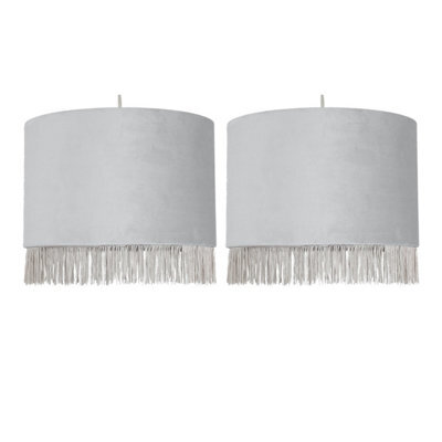 First Choice Lighting Set Of 2 Fringed Silvery Grey 23Cm Fringed Velvet Pendant Shades - image 1