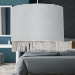 First Choice Lighting Set Of 2 Fringed Silvery Grey 23Cm Fringed Velvet Pendant Shades - thumbnail 5