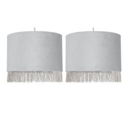 First Choice Lighting Set Of 2 Fringed - Silvery Grey 23Cm Fringed Velvet Pendant Shades