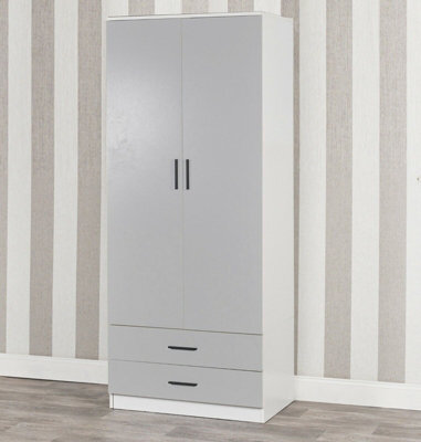 Urbnliving 180Cm Tall 2 Door Wardrobe White Carcass And Grey Drawers With 2 Drawers Bedroom Storage Hanging Bar Clothes - image 1