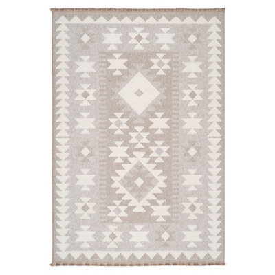 Loomed Neutral Beige Brown Geometric Scandi Style Fringed Area Rug 160Cm X 230Cm - image 1