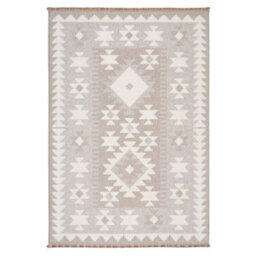 Loomed Neutral Beige Brown Geometric Scandi Style Fringed Area Rug 160Cm X 230Cm - thumbnail 1