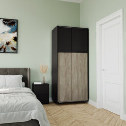 Urbn-Living Urbnliving 180Cm Height Black Carcass With 4 Sliding Oak Doors Wardrobe Bedroom Storage Closet Hanging Rail Cupboard Unit - thumbnail 5